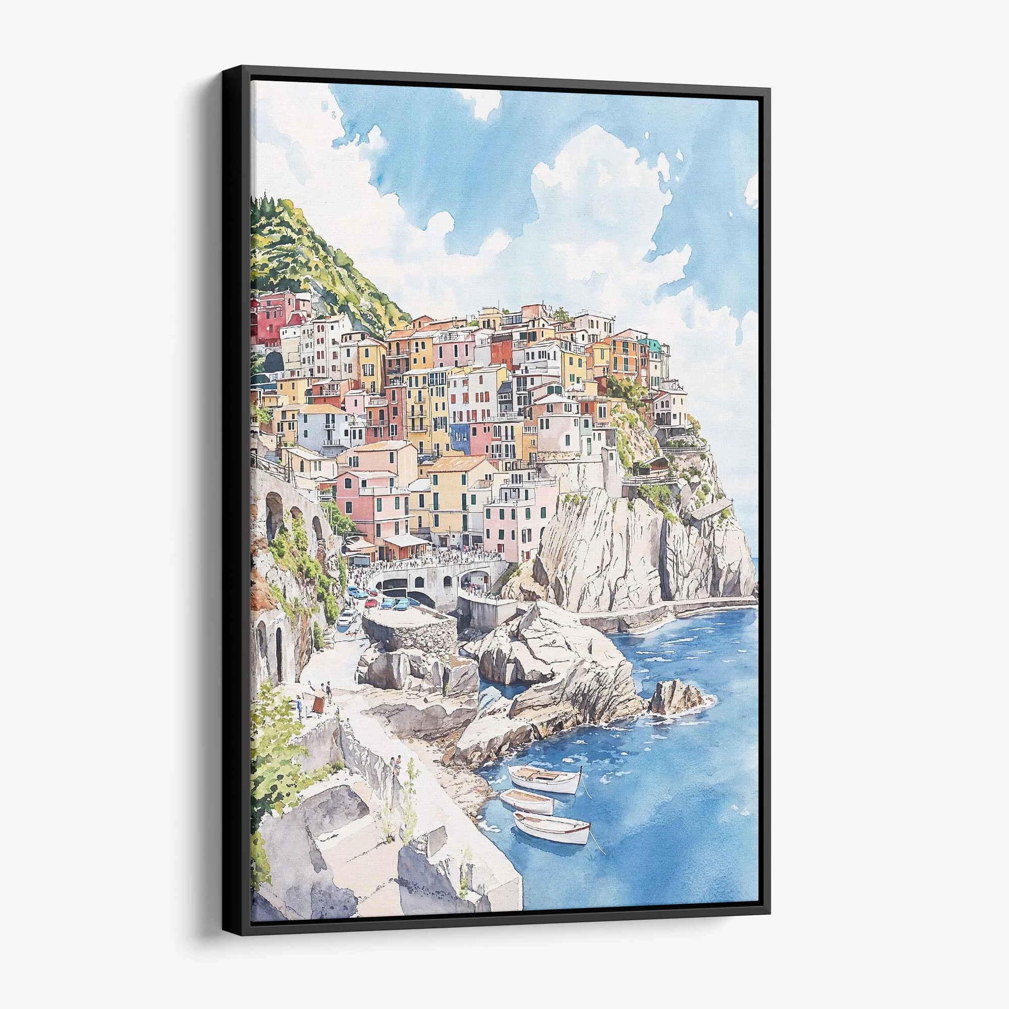Cinque Terre Watercolor Canvas Print – Coastal Village Art