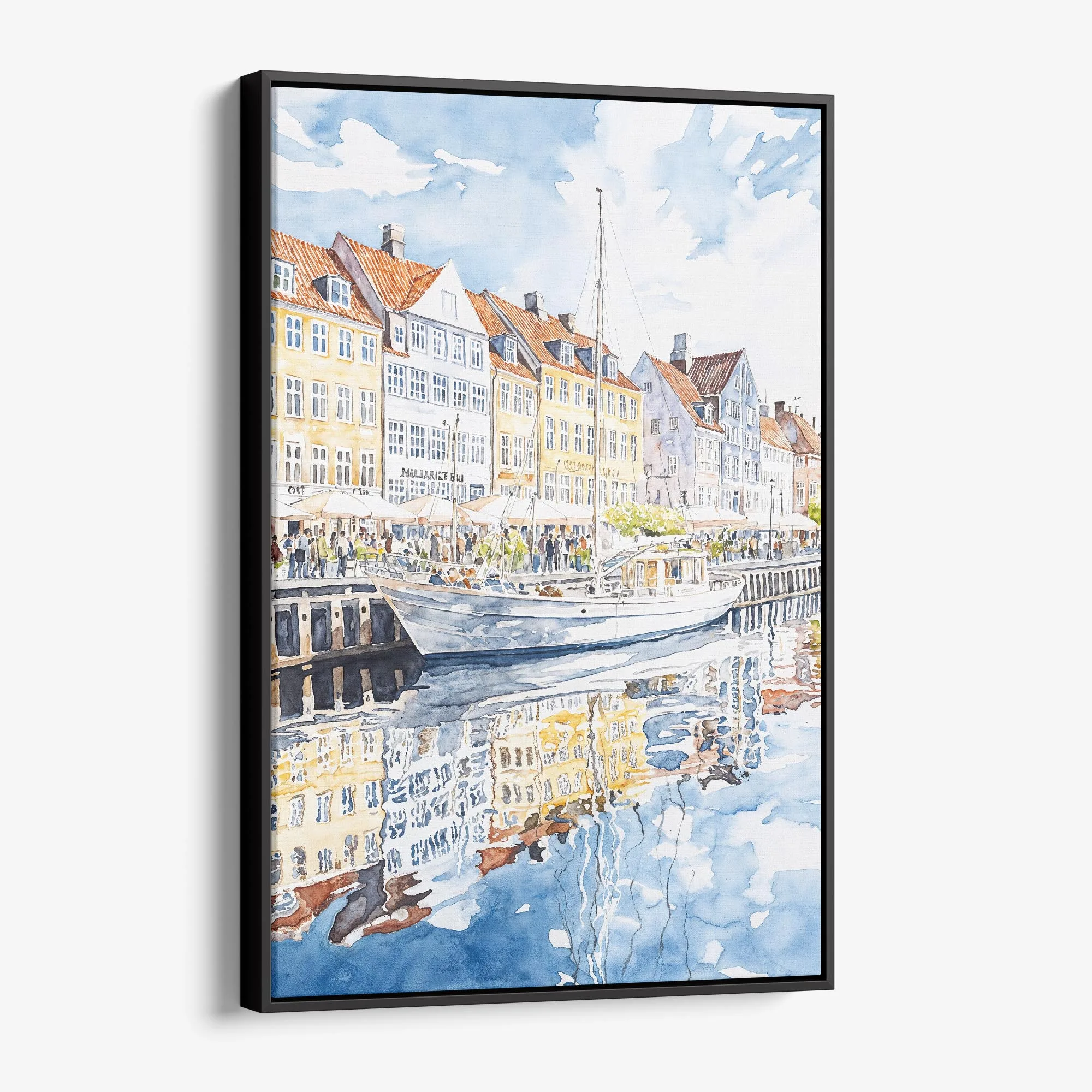 Copenhagen Denmark Watercolor Canvas Print – Scenic Waterfront Wall Art