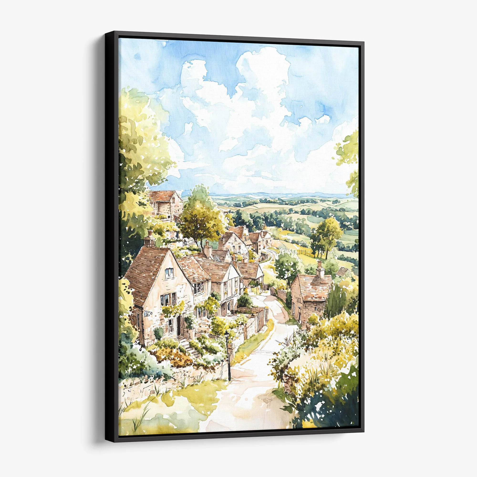 Cotswolds England Watercolor Canvas Print – Charming Village Landscape Art
