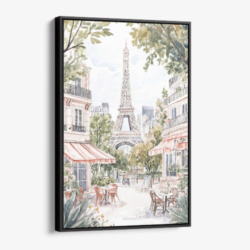 01 - Framed Cozy Paris Cafe Streetscene with Eiffel Tower Watercolor@2x Canvas Print - Vertical - Main.jpg