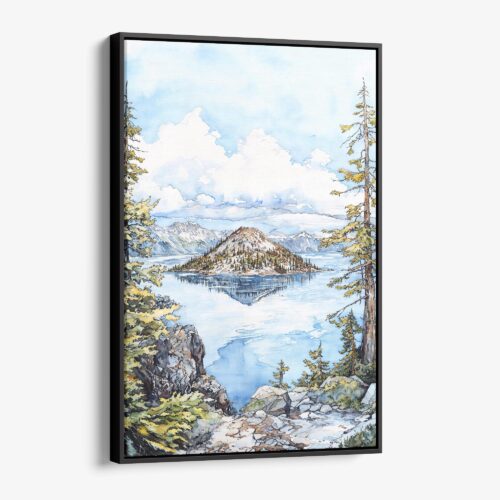 01 - Framed Crater Lake National Park Watercolor Canvas Print - Vertical - Main.jpg