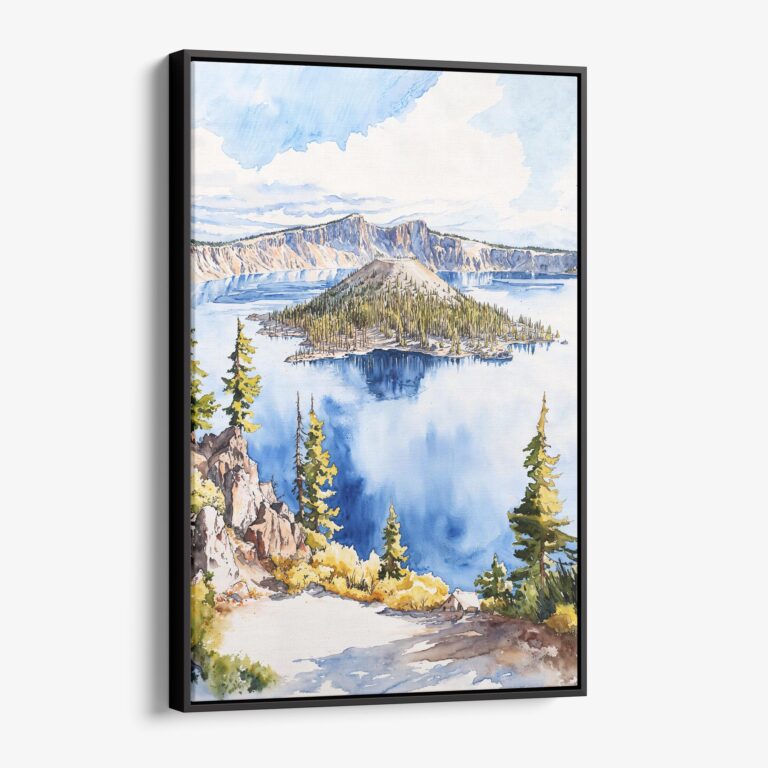 01 - Framed Crater Lake Watercolor Canvas Print - Vertical - Main.jpg