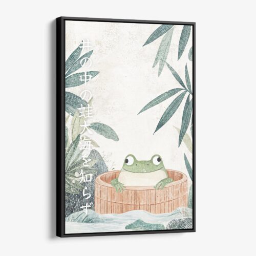 01 - Framed Cute Frog in Japanese Bathtub Illustration Canvas Print - Vertical - Main.jpg
