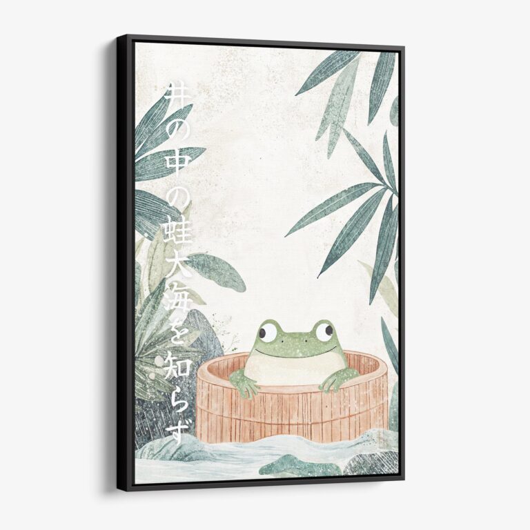 01 - Framed Cute Frog in Japanese Bathtub Illustration Canvas Print - Vertical - Main.jpg