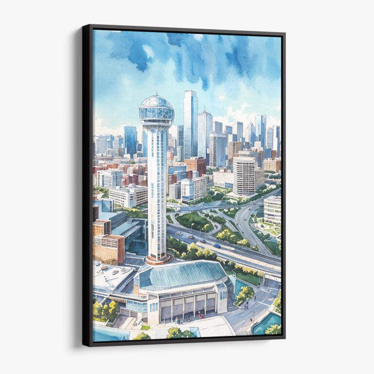 01 - Framed Dallas Texas Skyline Watercolor Canvas Print - Vertical - Main.jpg