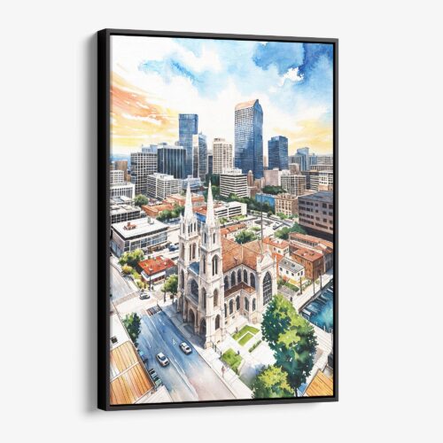 01 - Framed Denver Colorado Skyline Watercolor Canvas Print - Vertical - Main.jpg