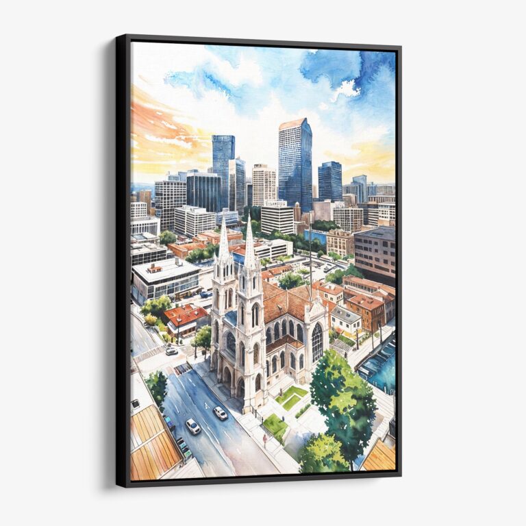 01 - Framed Denver Colorado Skyline Watercolor Canvas Print - Vertical - Main.jpg