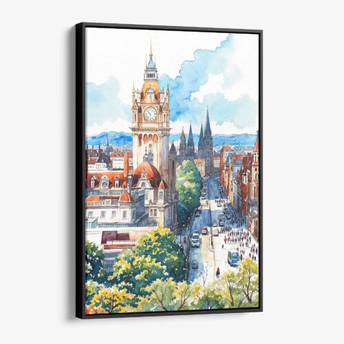 01 - Framed Edinburgh Skyline Watercolor Canvas Print - Vertical - Main.jpg