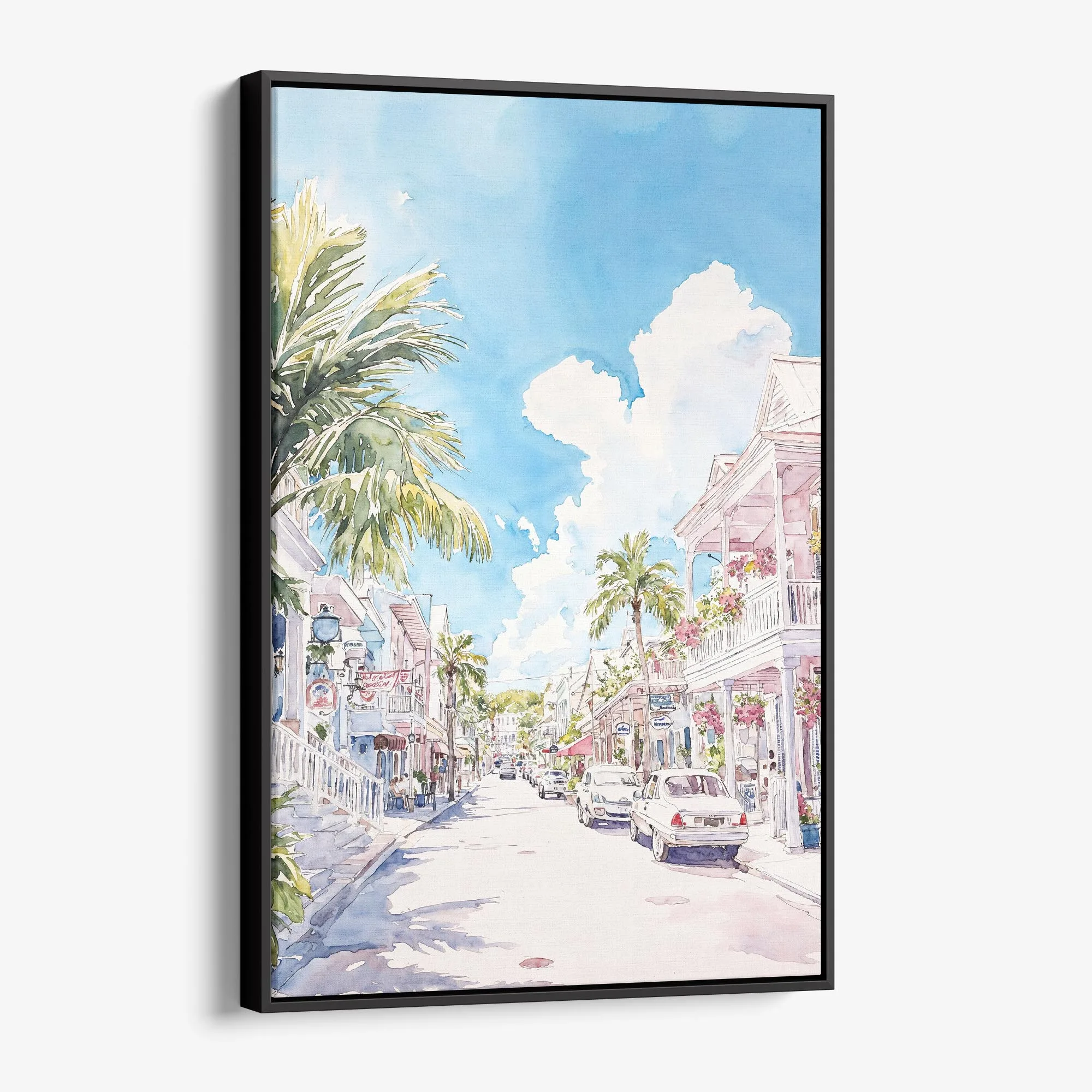 Key West Watercolor Canvas Print – Coastal Street Scene Art