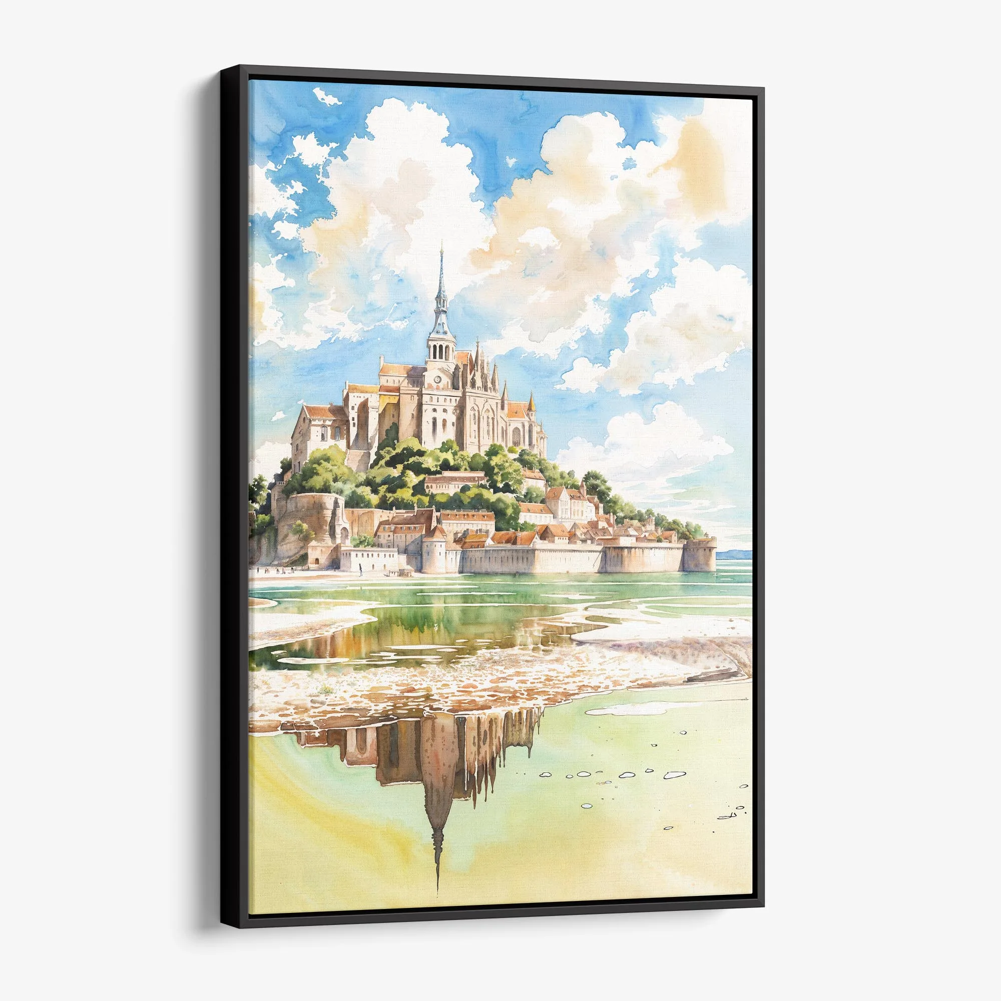 Mont Saint Michel Watercolor Canvas Print – French Coastal Landscape