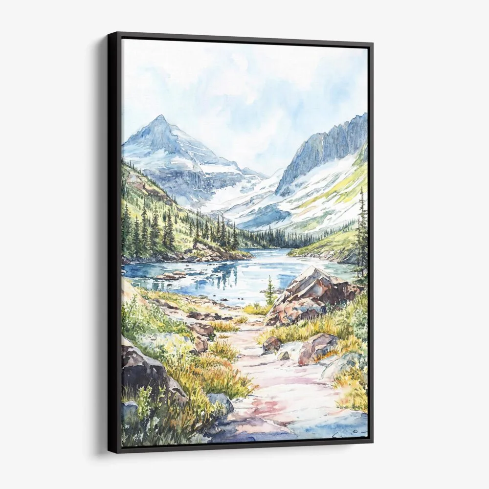 01 - Framed Glacier National Park Watercolor Canvas Print - Vertical - Main.jpg