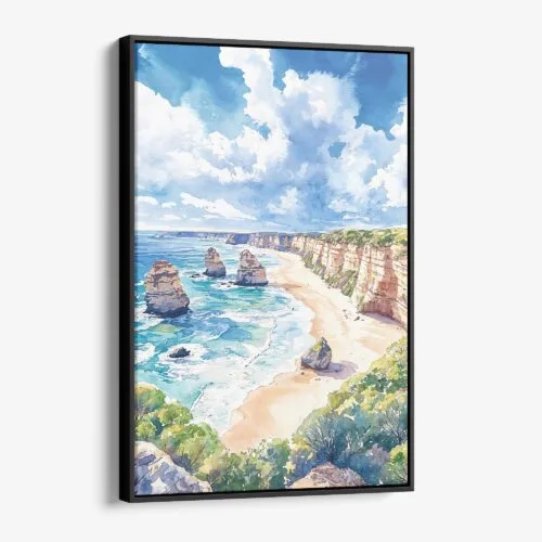 01 - Framed Great Ocean Road Australia Watercolor Canvas Print - Vertical - Main.jpg