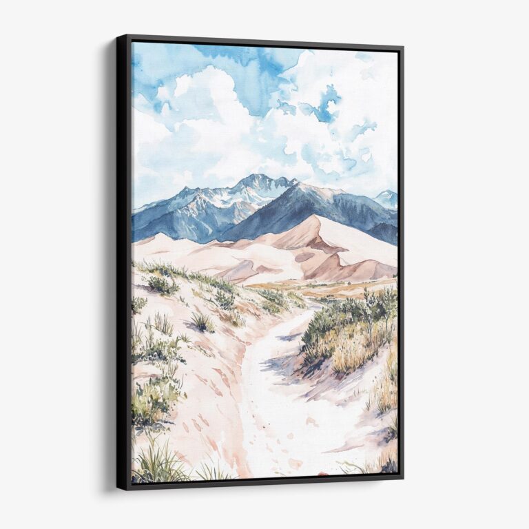 01 - Framed Great Sand Dunes watercolor Canvas Print - Vertical - Main.jpg