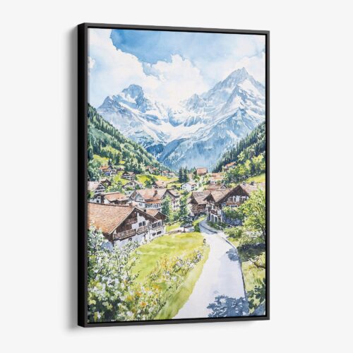 01 - Framed Grindelwald Switzerland Watercolor Canvas Print - Vertical - Main.jpg