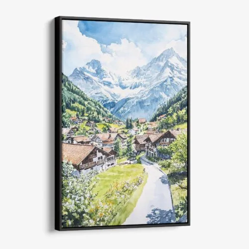 01 - Framed Grindelwald Switzerland Watercolor Canvas Print - Vertical - Main.jpg