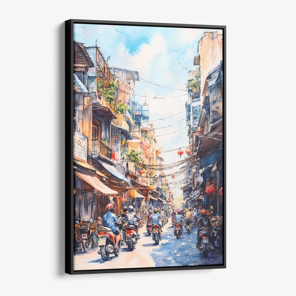 01 - Framed Hanoi Old Quarter Watercolor Canvas Print - Vertical - Main.jpg