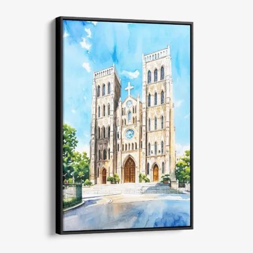 01 - Framed Hanoi St Josephs Cathedral Watercolor Canvas Print - Vertical - Main.jpg