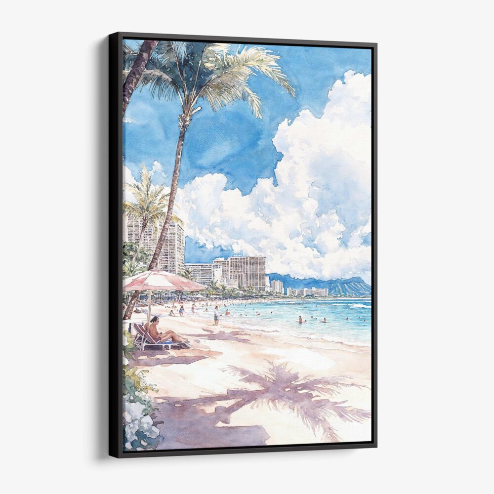 01 - Framed Hawaii Honolulu Waikiki - Watercolor Canvas Print - Vertical - Main.jpg