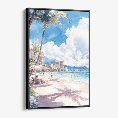 01 - Framed Hawaii Honolulu Waikiki - Watercolor Canvas Print - Vertical - Main.jpg