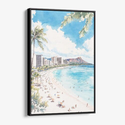 01 - Framed Hawaii - Honolulu - Watercolor Canvas Print - Vertical - Main.jpg