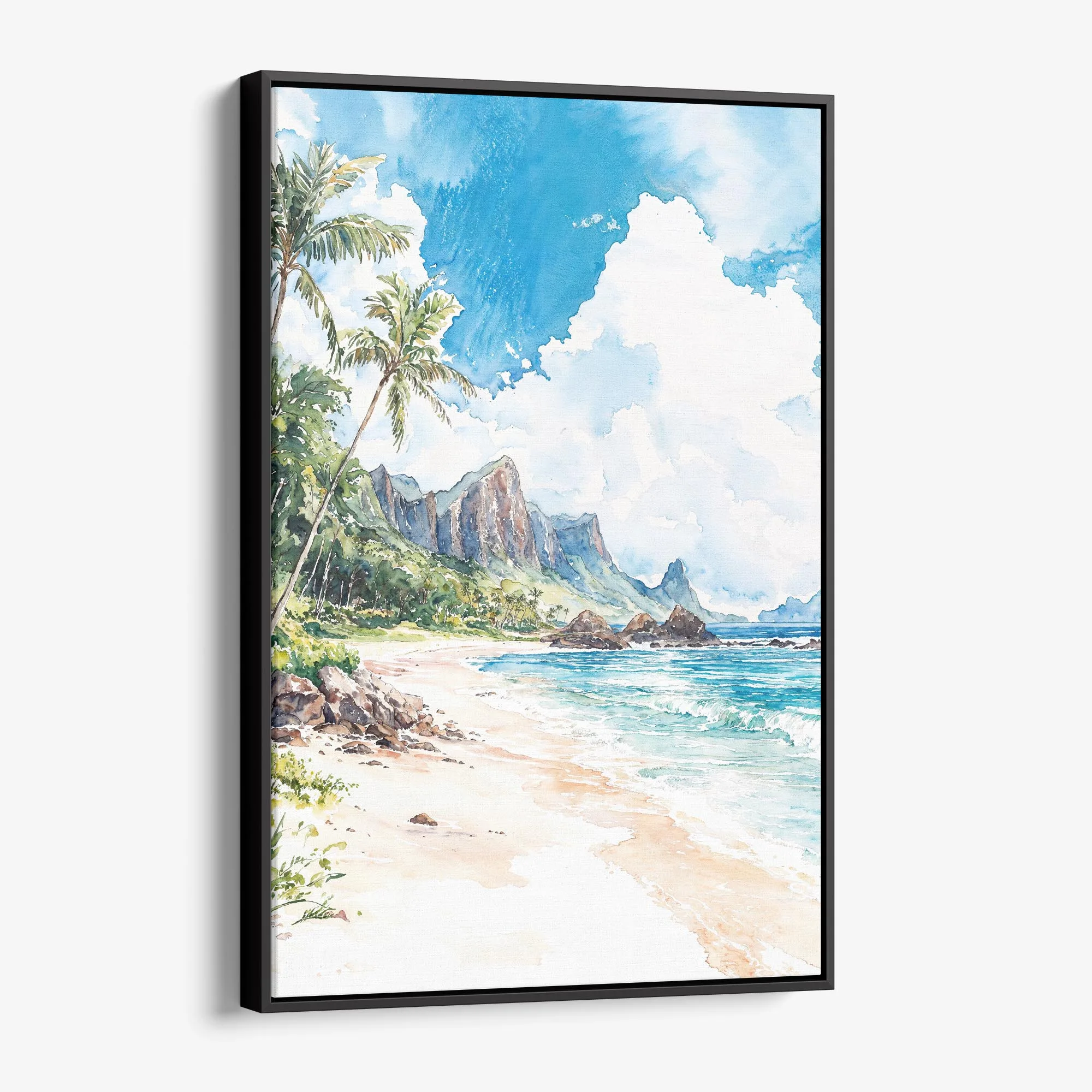 Kauai Watercolor Canvas Print – Tropical Beach Landscape Art