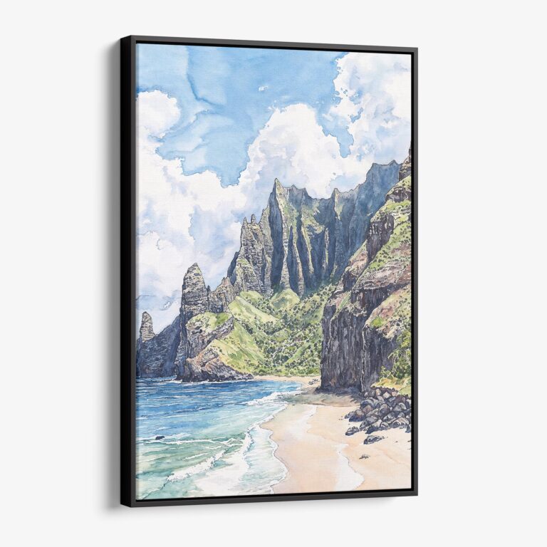 01 - Framed Hawaii - Nā Pali Watercolor Canvas Print - Vertical - Main.jpg