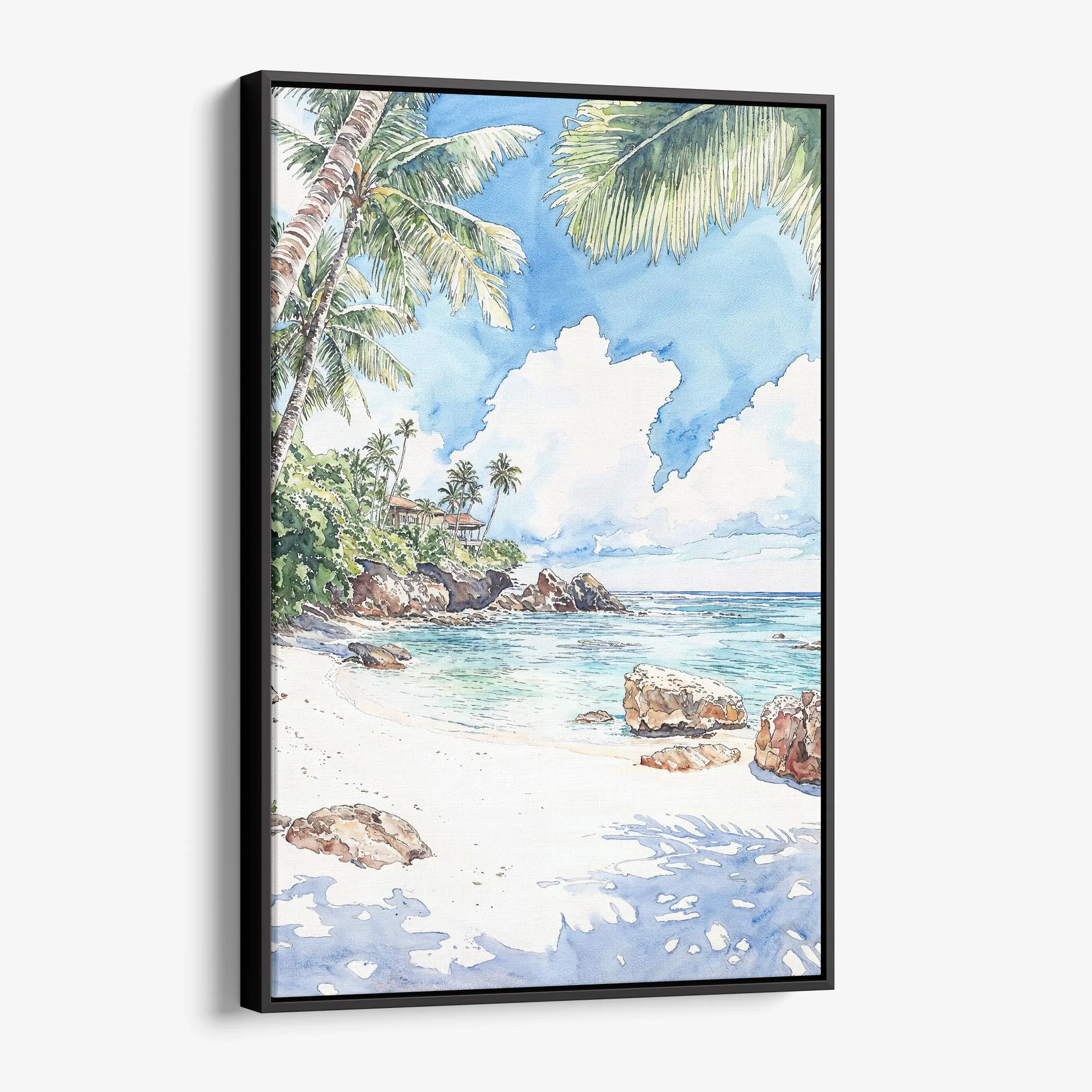 Hawaii Watercolor Canvas Print – Tropical Beach Landscape Wall Art