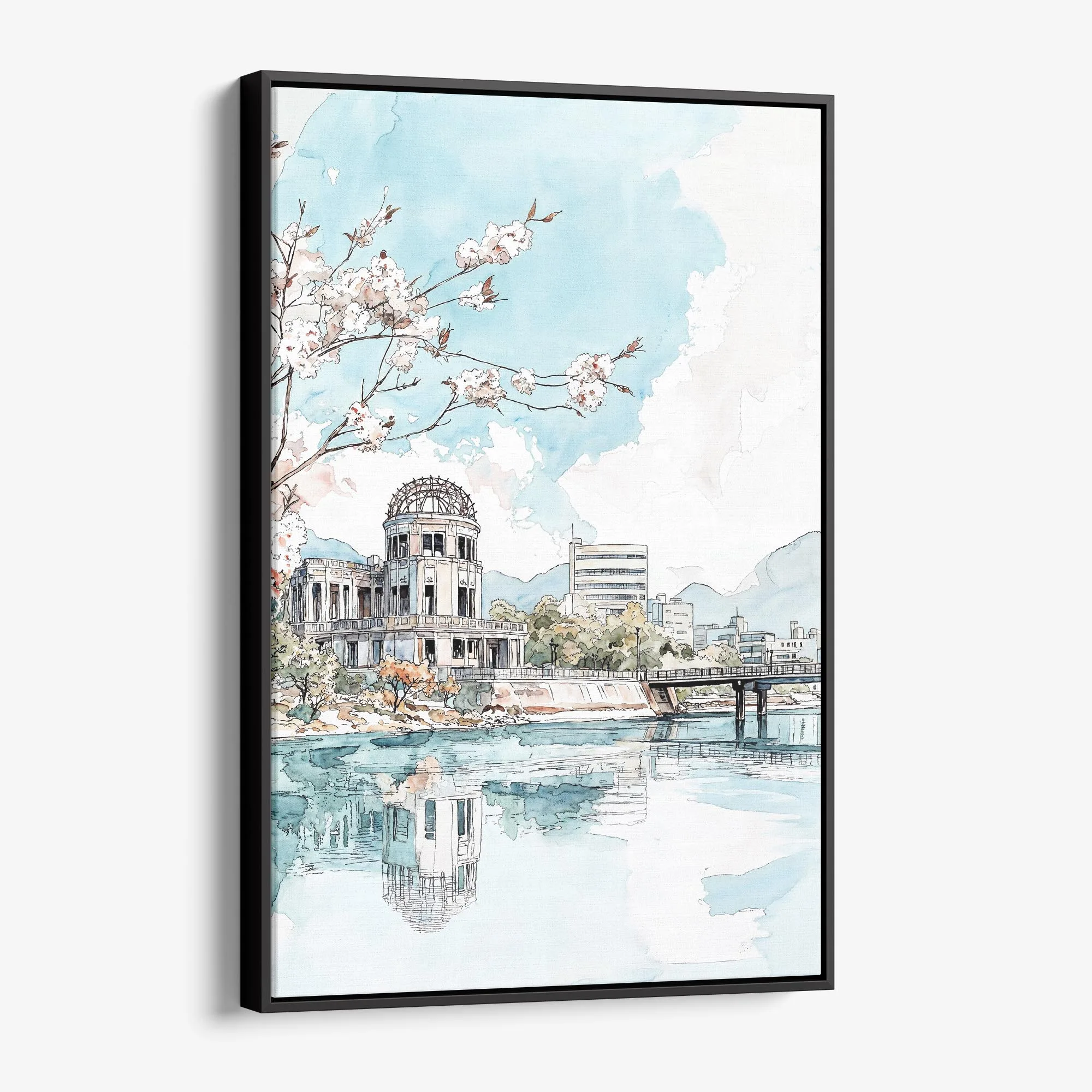 Hiroshima Watercolor Canvas Print – Tranquil Cityscape Wall Art
