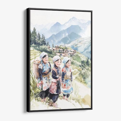 01 - Framed Hmong People in Sapa Vietnam Watercolor Canvas Print - Vertical - Main.jpg