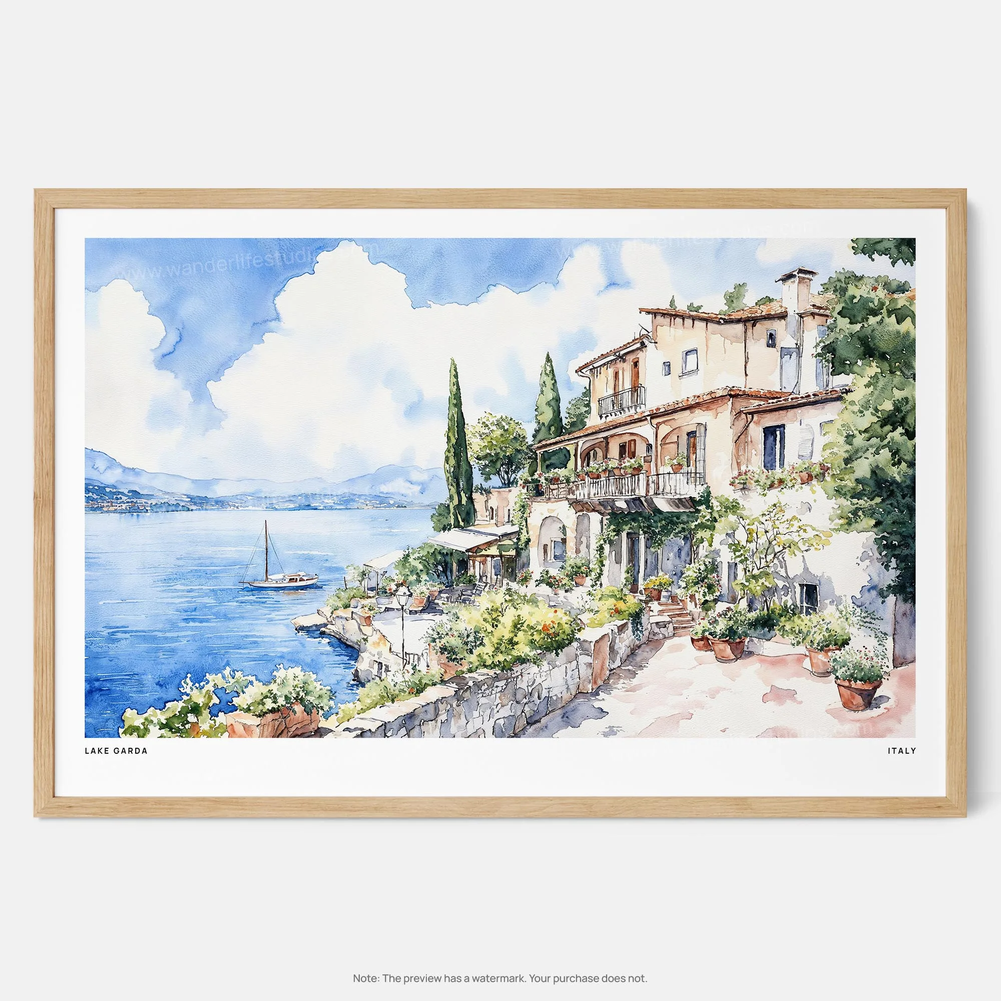 Lake Garda Watercolor Art Print – Charming Italian Lakeside Village