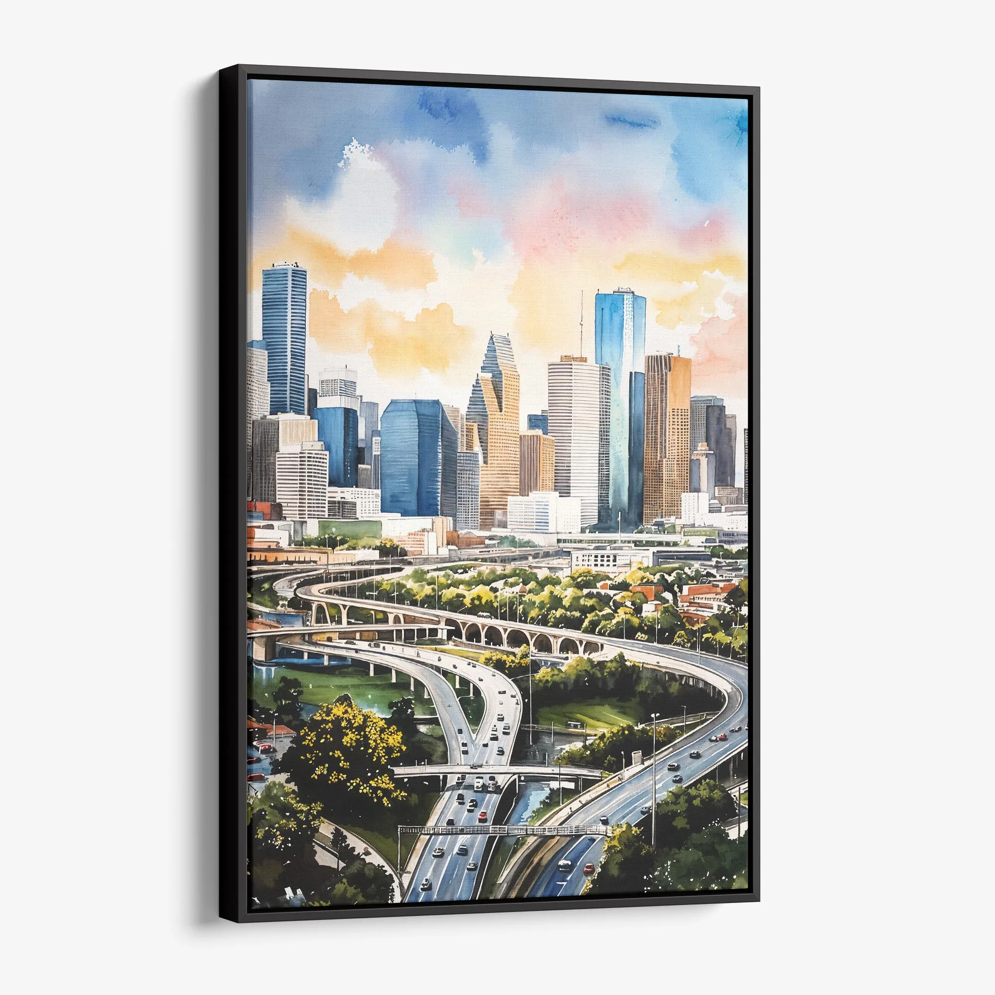 Houston Skyline Watercolor Canvas Print – Urban Landscape Wall Art