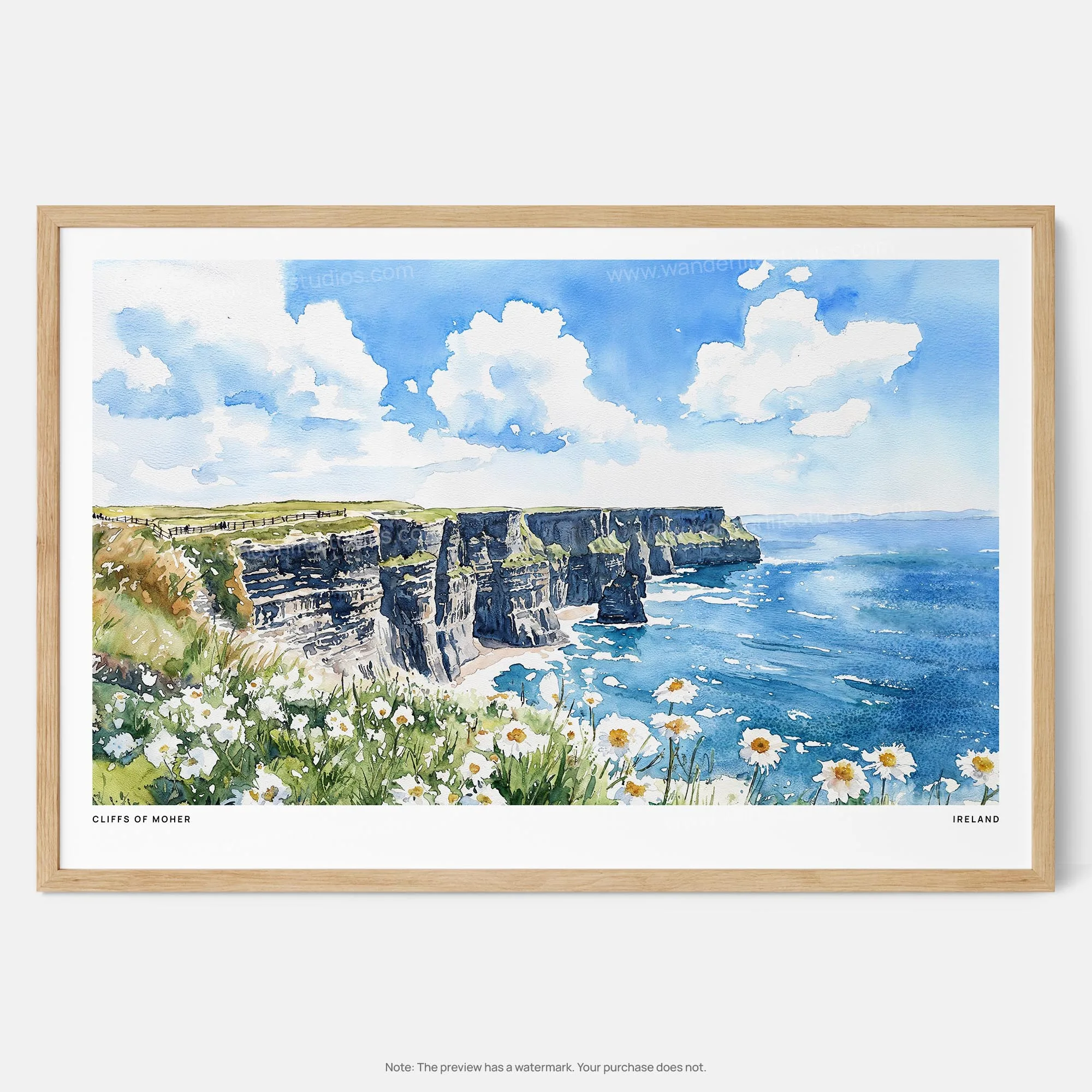 Cliffs of Moher Watercolor Art Print – Vibrant Irish Coastal Landscape
