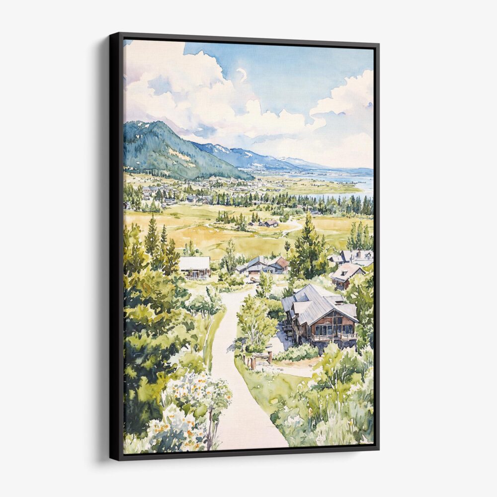 01 - Framed Jackson Hole Wyoming Watercolor Canvas Print - Vertical - Main.jpg