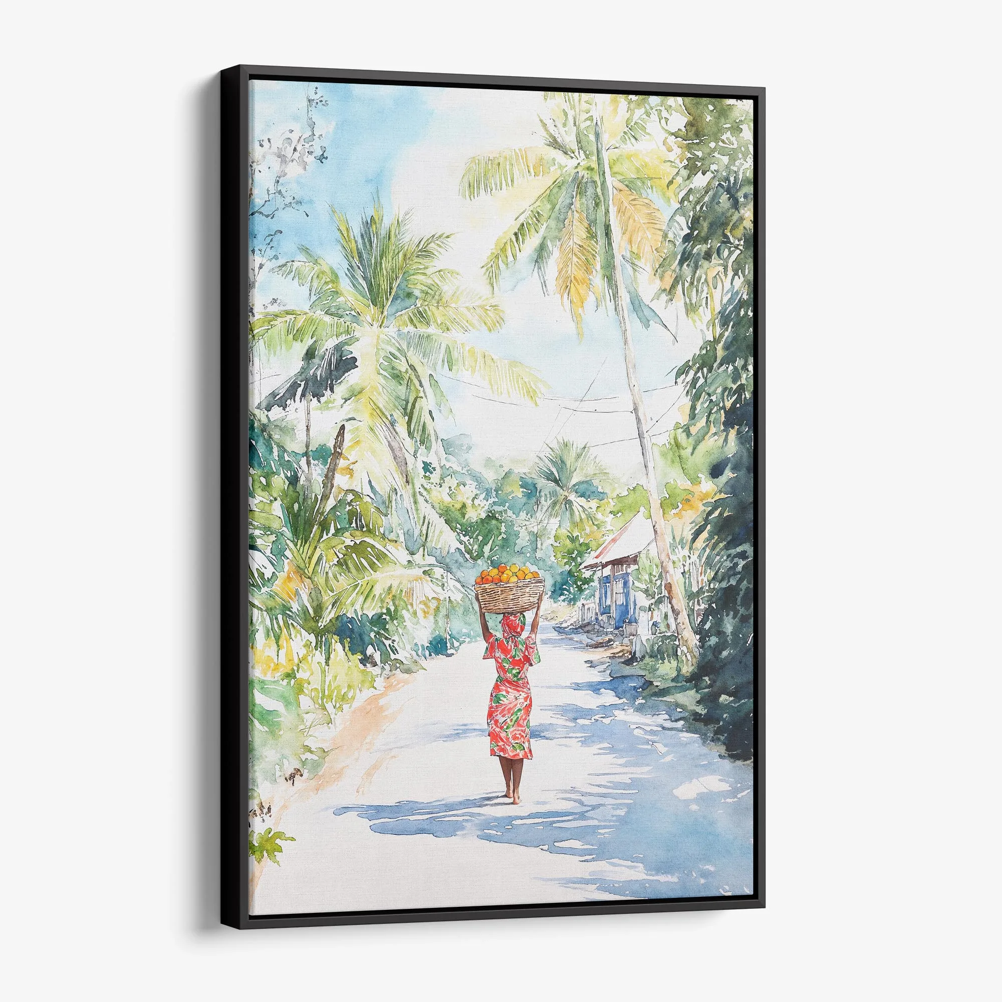 Jamaica Watercolor Canvas Print – Tropical Village Scene Wall Art