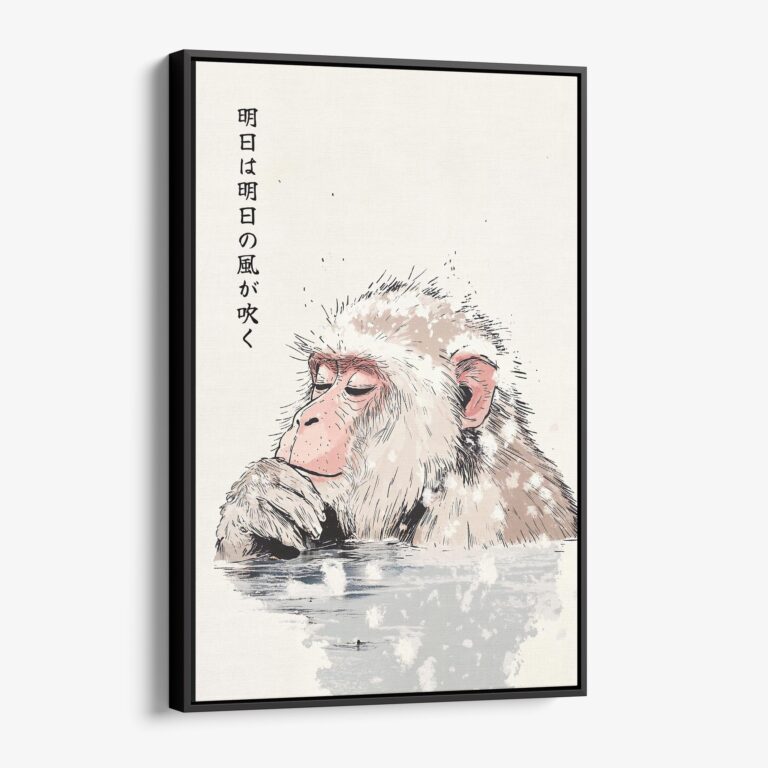 01 - Framed Japanese Macaque in Onsen Vintage Illustration Canvas Print - Vertical - Main.jpg