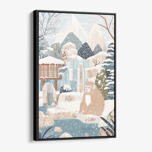 01 - Framed Japanese Macaque in Outdoor Onsen Winter Landscape Illustration Canvas Print - Vertical - Main.jpg