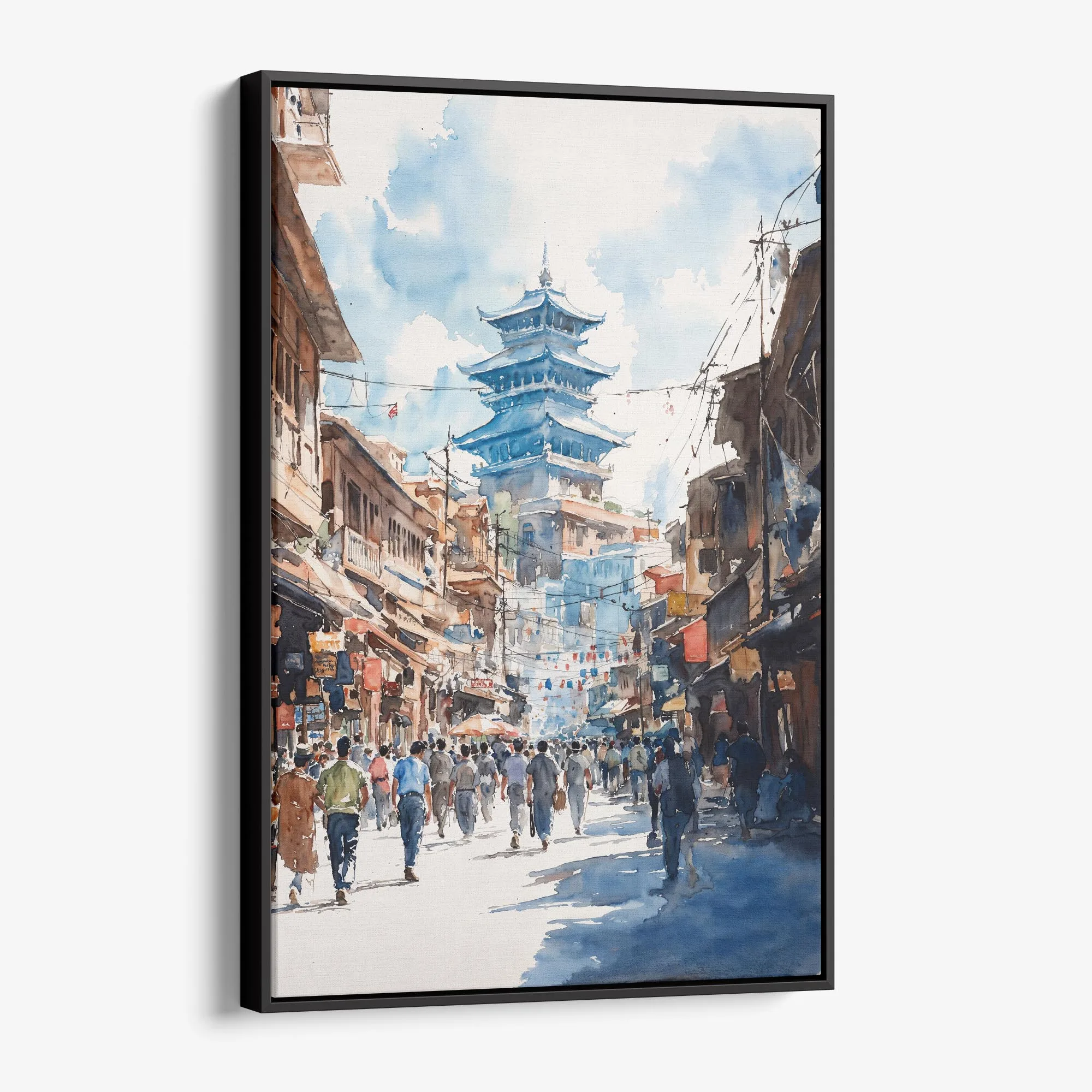 Kathmandu Nepal Watercolor Canvas Print – Vibrant Street Scene Art