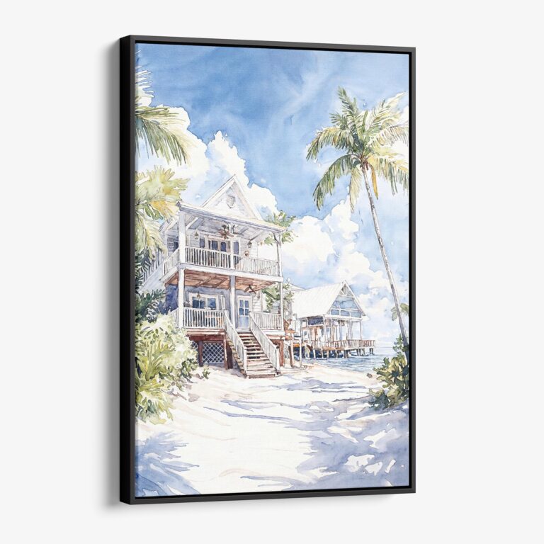 01 - Framed Key West Beach House - Watercolor Canvas Print - Vertical - Main.jpg