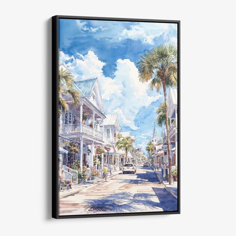 01 - Framed Key West - Duval street - Watercolor Canvas Print - Vertical - Main.jpg