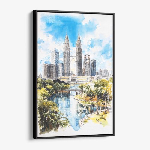 01 - Framed Kuala Lumpur Watercolor Canvas Print - Vertical - Main.jpg