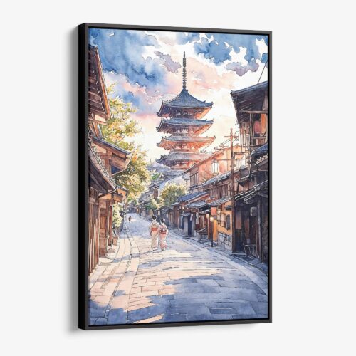 01 - Framed Kyoto Japan - Pagoda - Sunset - Watercolor 2 Canvas Print - Vertical - Main.jpg