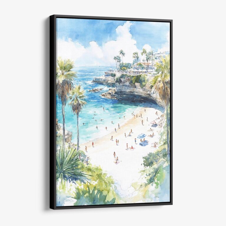 01 - Framed La Jolla Beach Watercolor Canvas Print - Vertical - Main.jpg