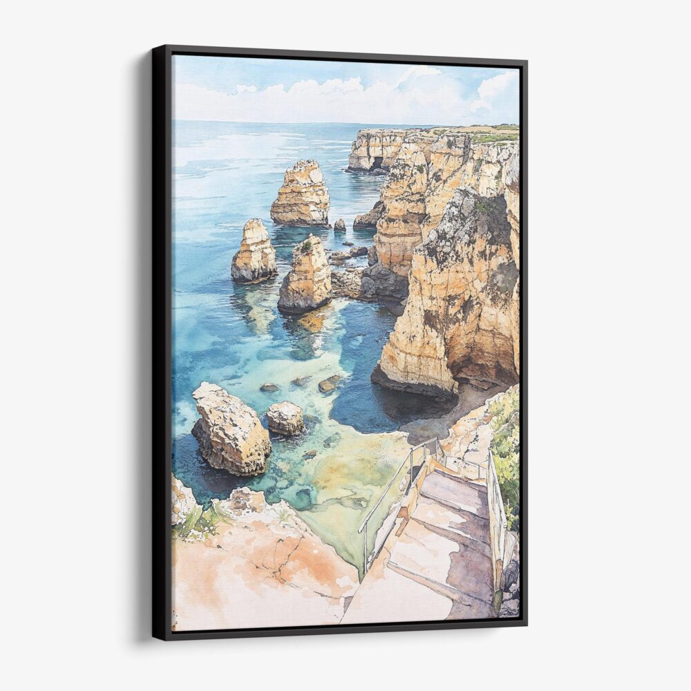 01 - Framed Lagos Portgual Cliffs Watercolor Canvas Print - Vertical - Main.jpg