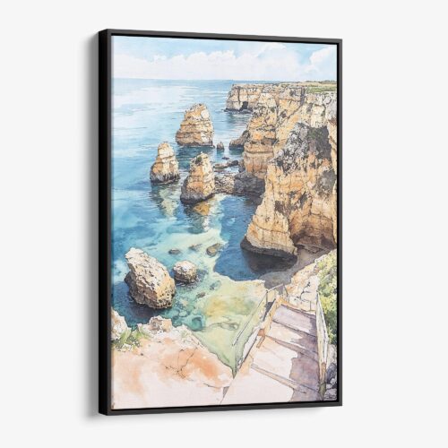 01 - Framed Lagos Portgual Cliffs Watercolor Canvas Print - Vertical - Main.jpg