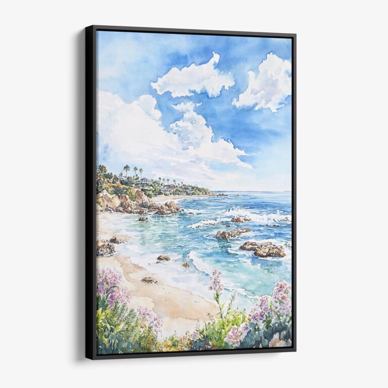 01 - Framed Laguna Beach Coast Watercolor Canvas Print - Vertical - Main.jpg