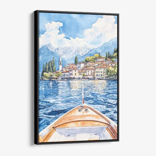 01 - Framed Lake Como Boat View Watercolor Canvas Print - Vertical - Main.jpg