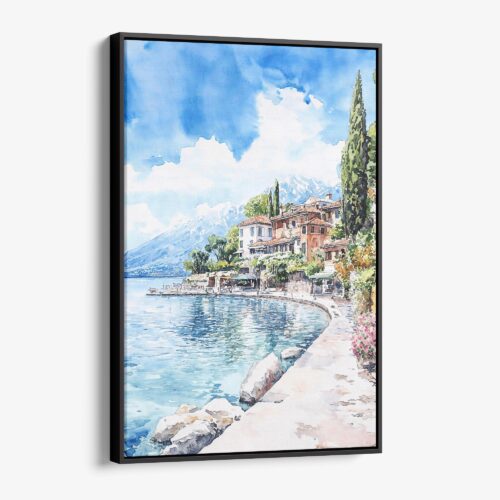01 - Framed Lake Garda Italy Watercolor Canvas Print - Vertical - Main.jpg