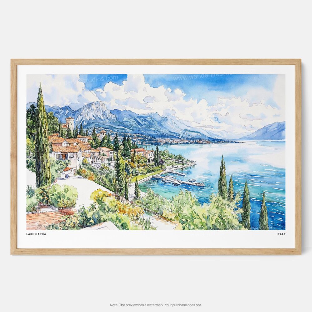 01 - Framed Lake Garda in Italy Watercolor - Horizontal Art Print - Main.jpg 01 - Framed Lake Garda in Italy Watercolor - Horizontal Art Print - Main.jpg