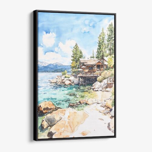 01 - Framed Lake Tahoe Cabin Watercolor Canvas Print - Vertical - Main.jpg