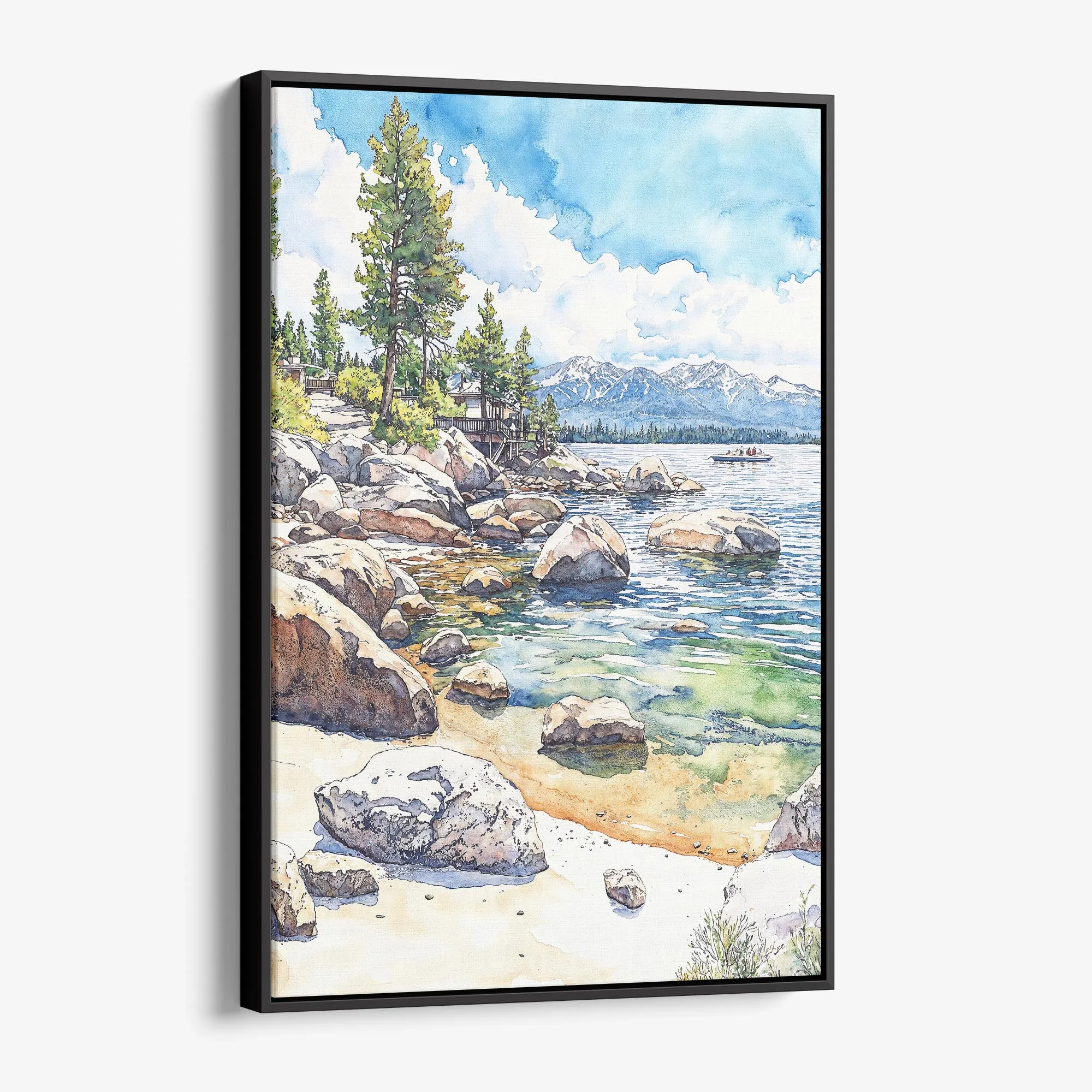 Lake Tahoe Watercolor Canvas Print – Scenic Landscape Wall Art